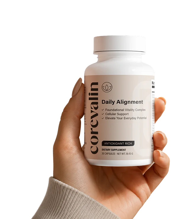 Hand holding a bottle of Corevalin Daily Alignment