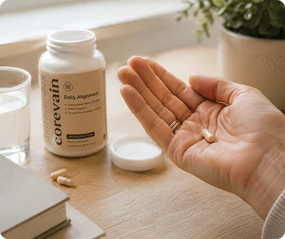 One Corevalin capsule in the palm of a hand next to the bottle