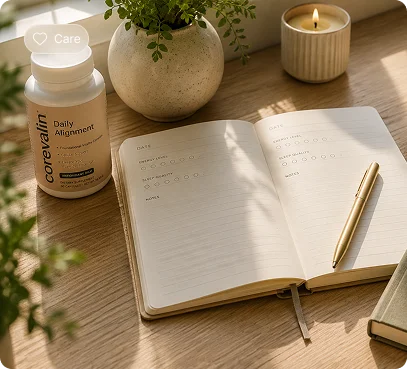 Corevalin bottle on a desk beside an open notebook