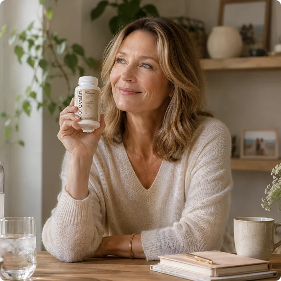 Woman over 40 taking her daily Corevalin capsule at home