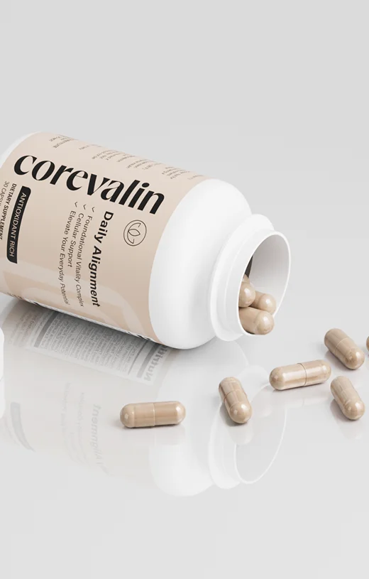 Corevalin bottle with capsules, showing the plant-based capsule
